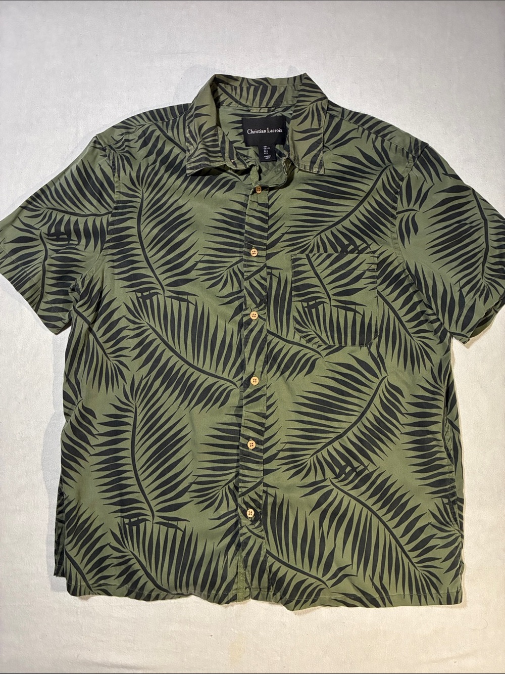 Christian Lacroix Olive Green Short Sleeve Palm-Print Button Shirt